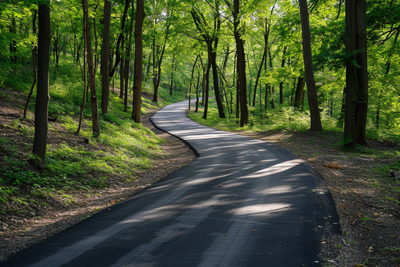 Picture of winding forest road under dappled sunlight