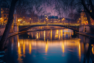 Portrait of a bridge over calm river with reflection