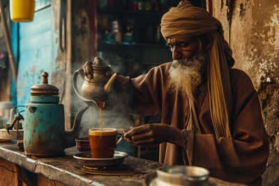 Portrait of a vendor pouring tea in mug