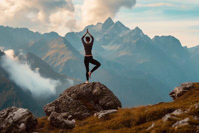Portrait of girl yoga balancing on mountain rock