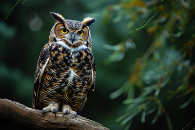 Portrait of owl bird perched on branch