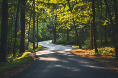 Portrait of winding forest road under dappled sunlight