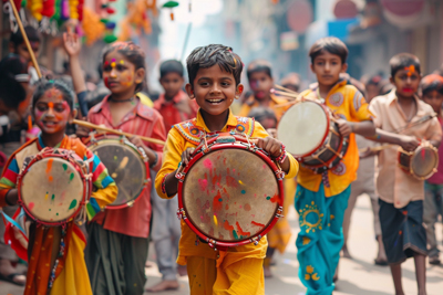 Image of children paraded through streets on Holi