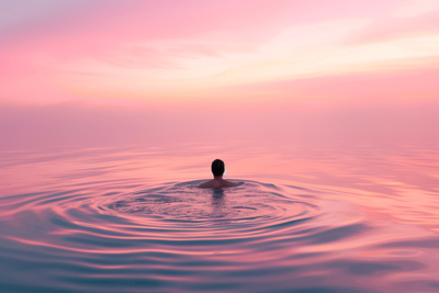 Photo of a swimmer in tranquil pool at sunrise