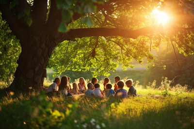 Photo of children gathered under a tree