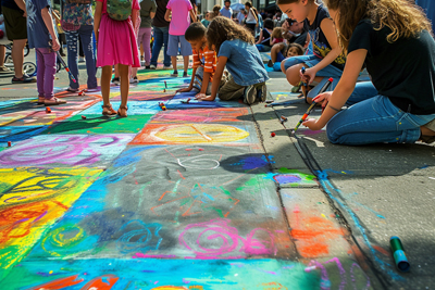 Photo of children painting on road with chalk
