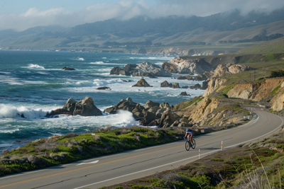 Photo of cyclist pedaling along scenic coastal