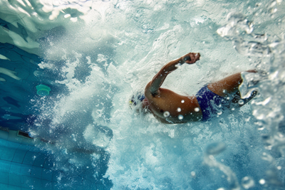 Photo of energetic swimmer diving into pool