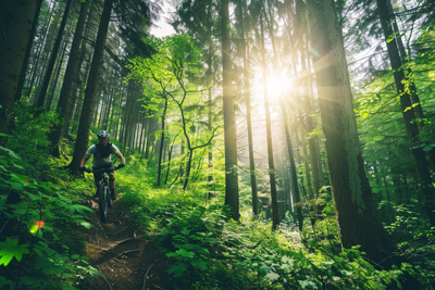 Photo of mountain biker navigating lush forest