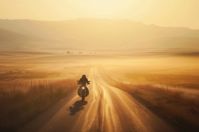 Picture of a biker on a tranquil dawn road