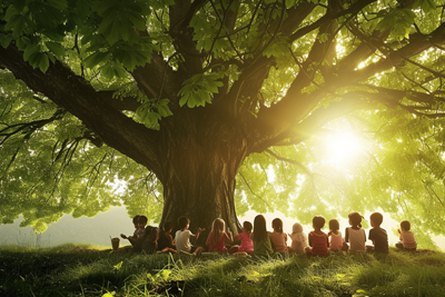 Picture of children gathered under a tree