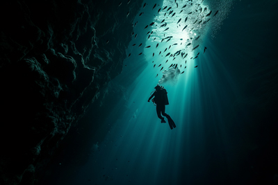 Picture of diver descending into the deep sea