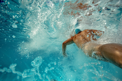 Picture of energetic swimmer diving into pool