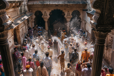 Picture of people celebrating Holi at ancient temple