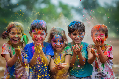 Portrait of children gleefully playing with Holi colors