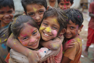 Portrait of children joyfully exchanging hugs