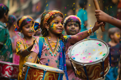 Portrait of children paraded through streets on Holi