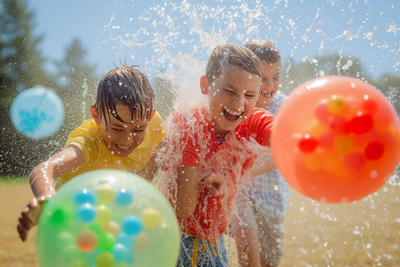 Portrait of children playing with water balloons