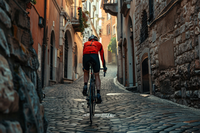 Portrait of cyclist exploring cobblestone street