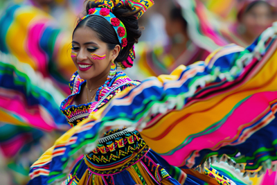 Portrait of dancers twirl in traditional attire