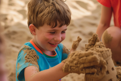 Portrait of kids building castles on sand