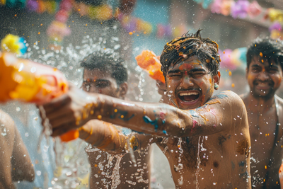 Portrait of kids playing Holi festival with water
