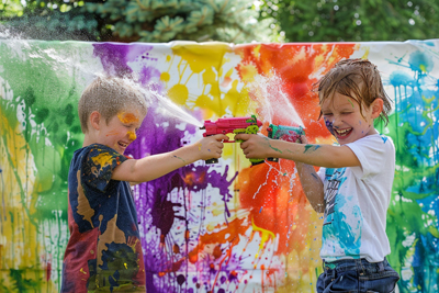 Portrait of kids playing Holi with water