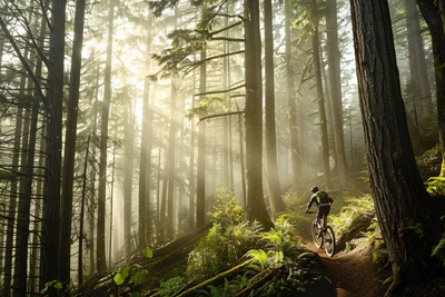 Portrait of mountain biker navigating lush forest