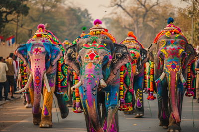 Portrait of painted elephants adorned in brilliance