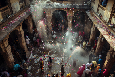 Portrait of people celebrating Holi at ancient temple