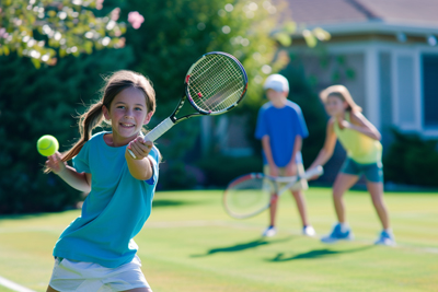 Portrait of kids playing tennis in backyard