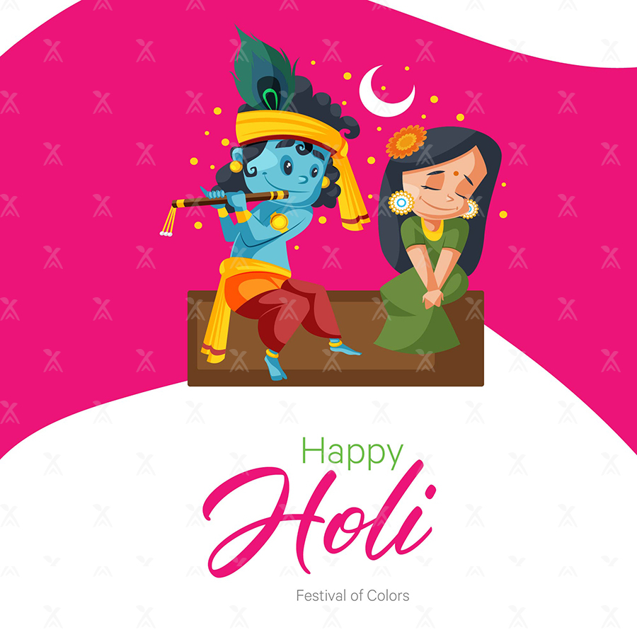 Happy Holi festival of colors banner design with Radha Krishna