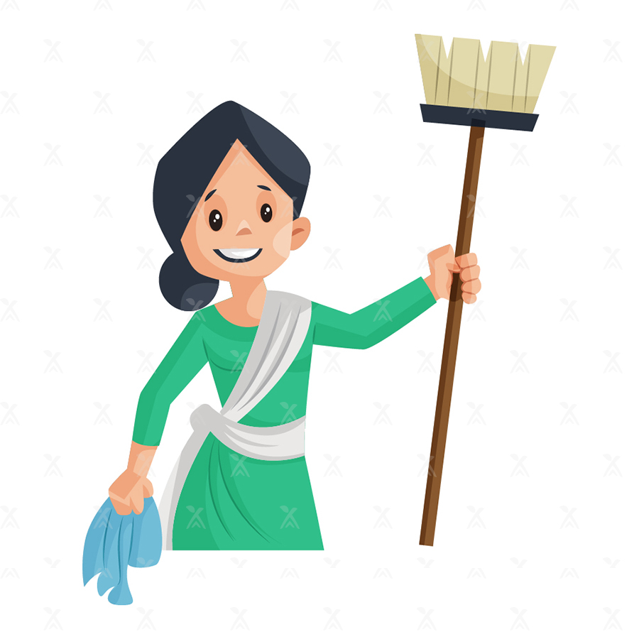 Cartoon character of a woman holding broom in hand Cartoon character of a woman holding broom in hand