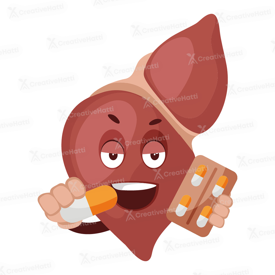 Cartoon character of liver is taking medicine Cartoon character of liver is taking medicine