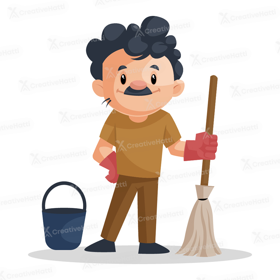 Sweeper is with mop and bucket