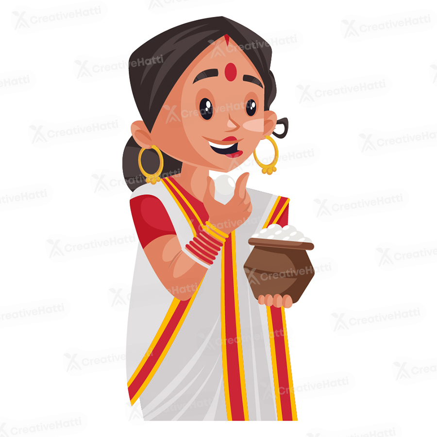 Indian Bengali woman is holding a rasgulla clay pot in hand
