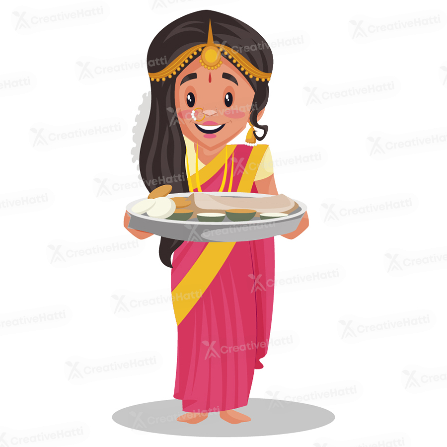 Indian Tamil woman is holding a food plate in hands Indian Tamil woman is holding a food plate in hands