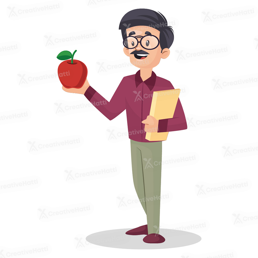 Male teacher is holding apple and book in hand