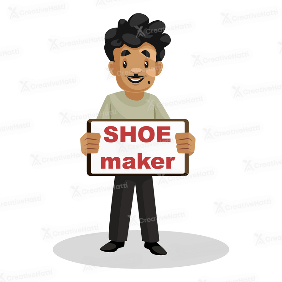 Indian cobbler is holding shoe maker board in hands Indian cobbler is holding shoe maker board in hands