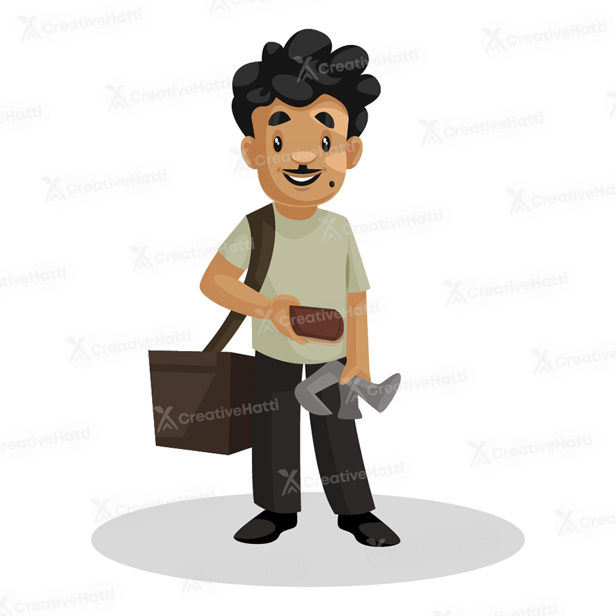Indian cobbler is wearing a bag and holding tools in hands