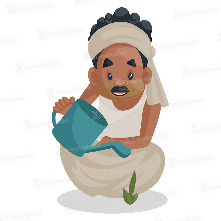 Indian farmer is giving water to the plant with the can Indian farmer is giving water to the plant with the can
