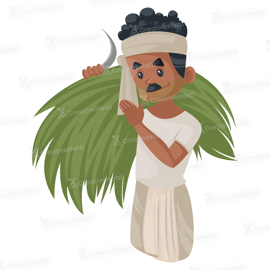 Indian farmer is holding a grass bundle on the shoulder and sickle in hand Indian farmer is holding a grass bundle on the shoulder and sickle in hand