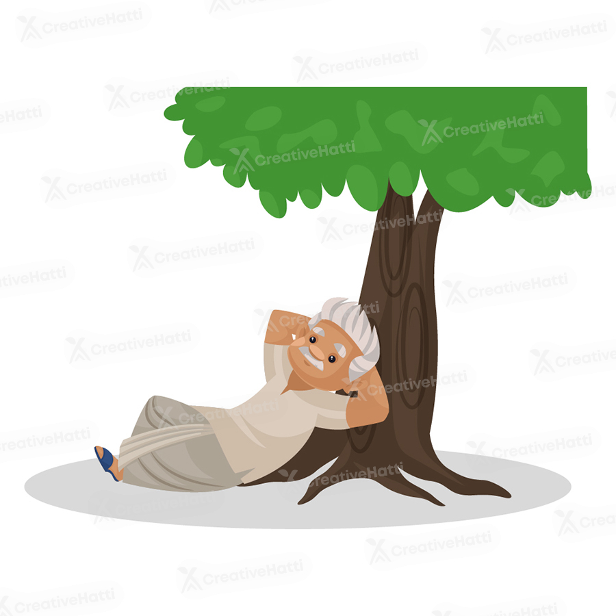 Indian farmer is lying down under the tree