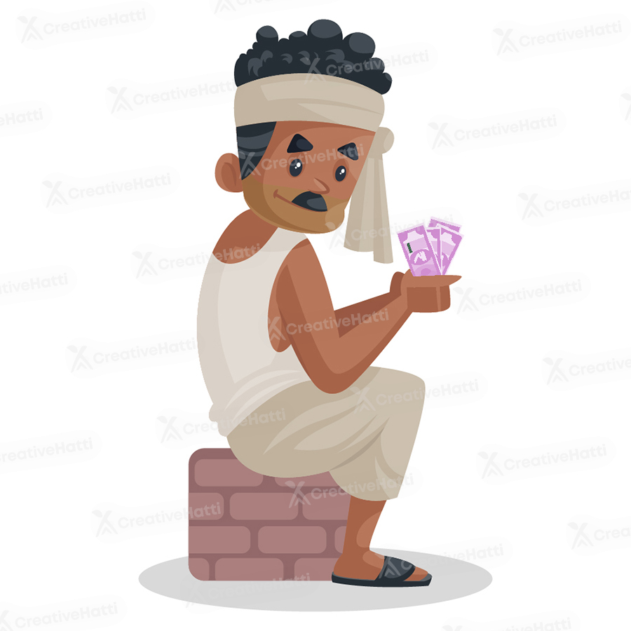 Indian farmer is sitting and holding money in hands Indian farmer is sitting and holding money in hands