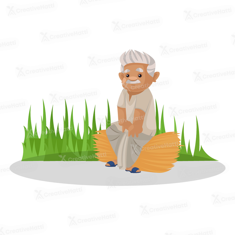 Indian farmer is sitting in the farm on the grass bundle