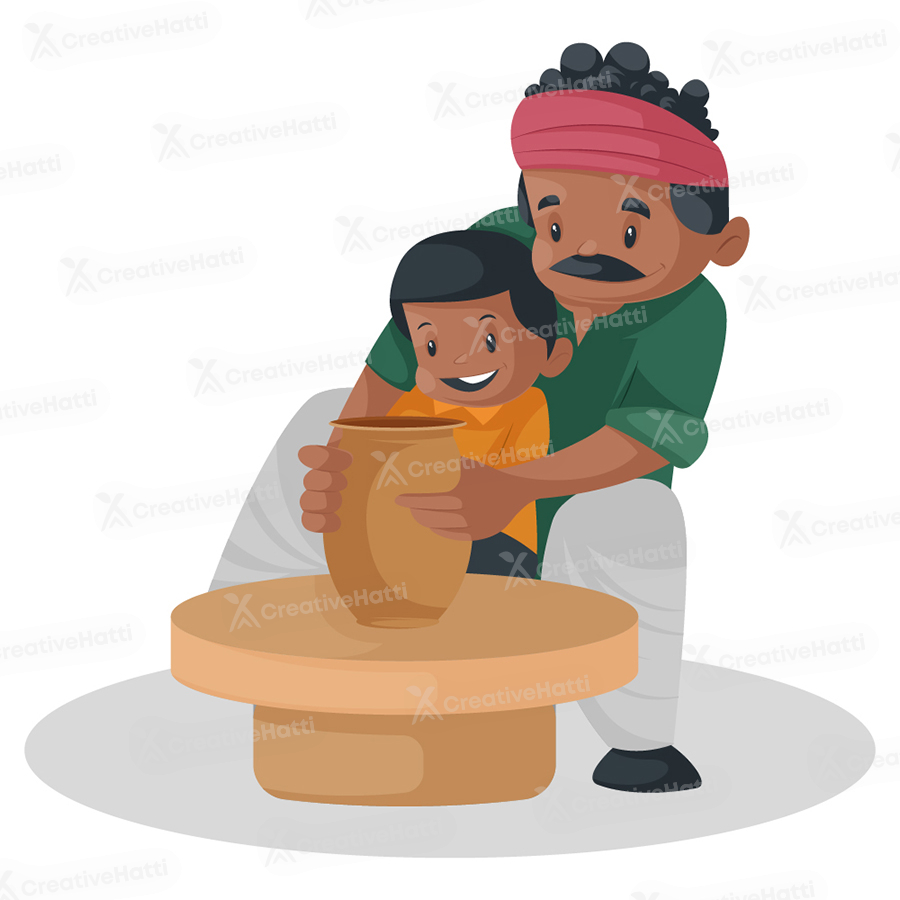 Potter is making an earthen pot on spinning wheel with a child Potter is making an earthen pot on spinning wheel with a child