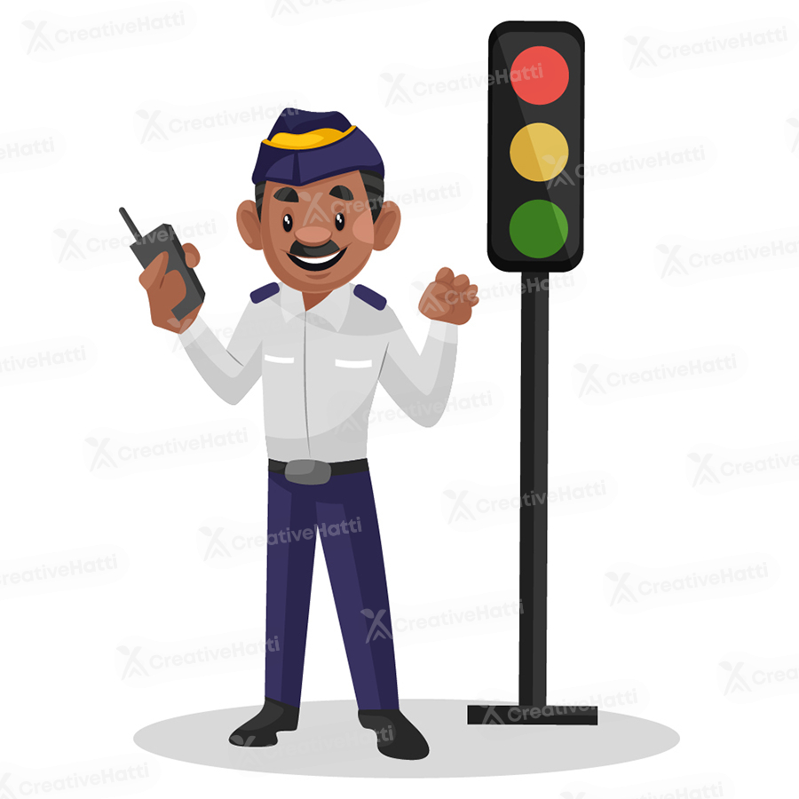 Traffic policeman is holding a walkie talkie and standing near traffic  signal