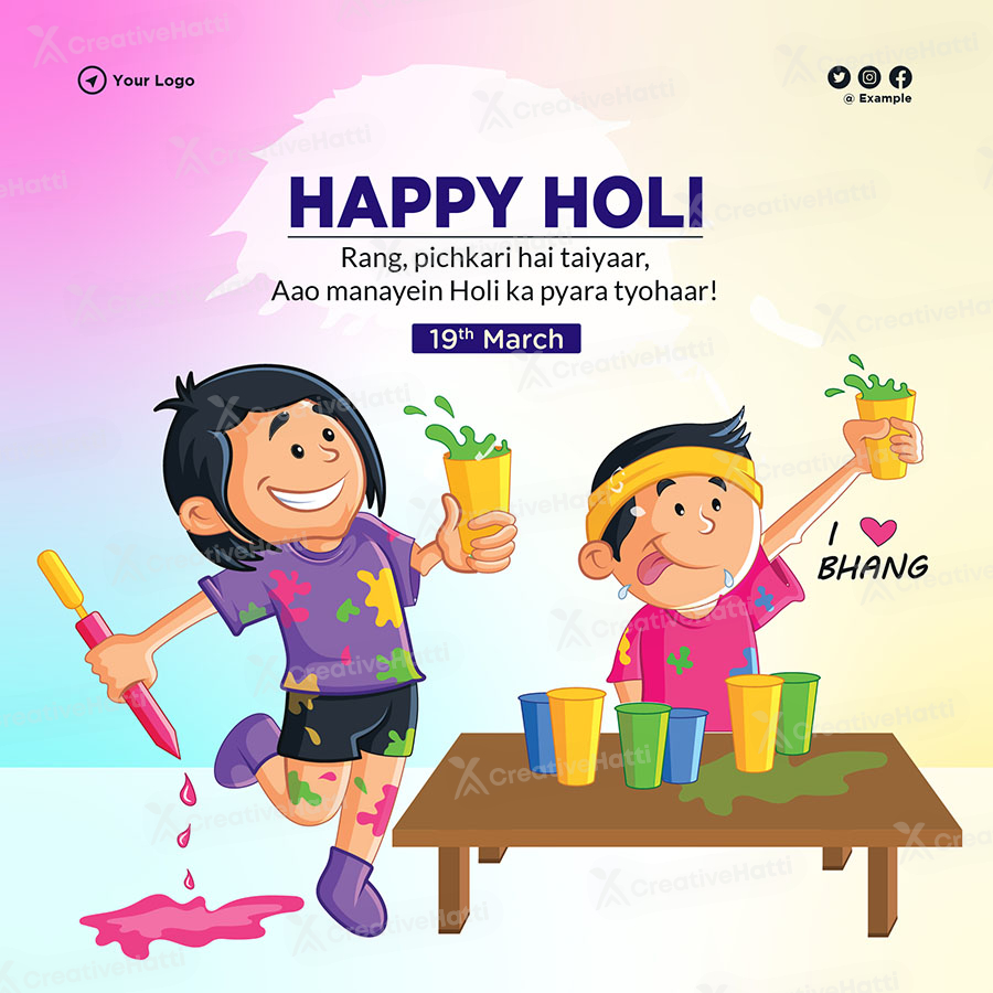 Happy holi festival on the flat banner template