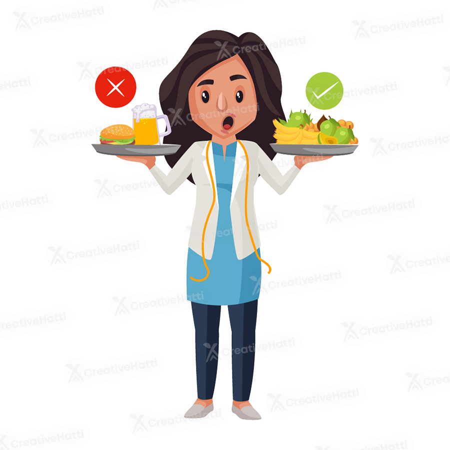 Lady nutritionist is holding healthy and unhealthy food plate in hands Lady nutritionist is holding healthy and unhealthy food plate in hands