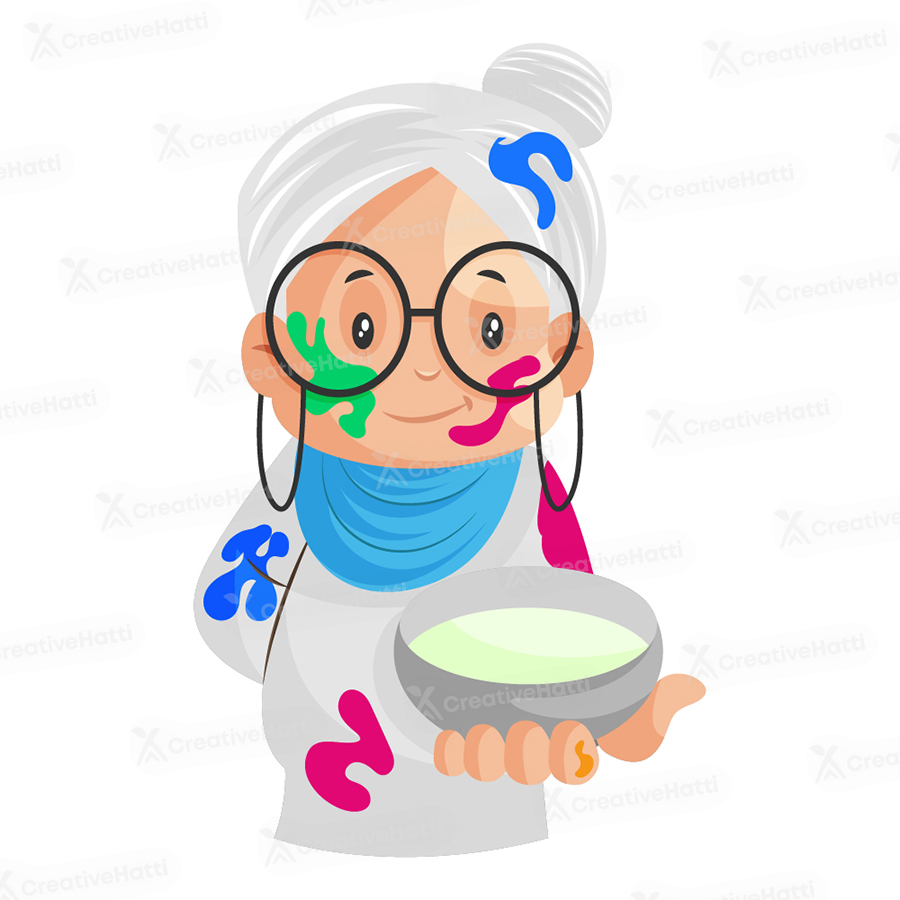 Old lady is holding color bowl in hand Old lady is holding color bowl in hand